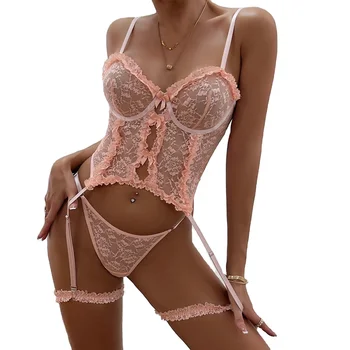 Pink Pleated Lace Hollow Out Fresh Cute Small Sling See-Through Sexy Lingerie Set For Ladies Wholesale