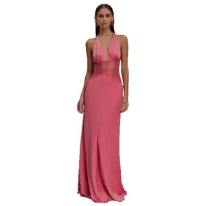 2026 Summer New Design Cut-out Lace Waist Women's Sexy Halter Neck Backless Slim-fit Woven Satin Elegant Party Maxi Dresses
