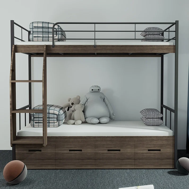 Modern Double Layer Iron Bunk Bed Student Steel Frame Metal and Wooden Dormitory Bed for School Bedroom Living Room Use