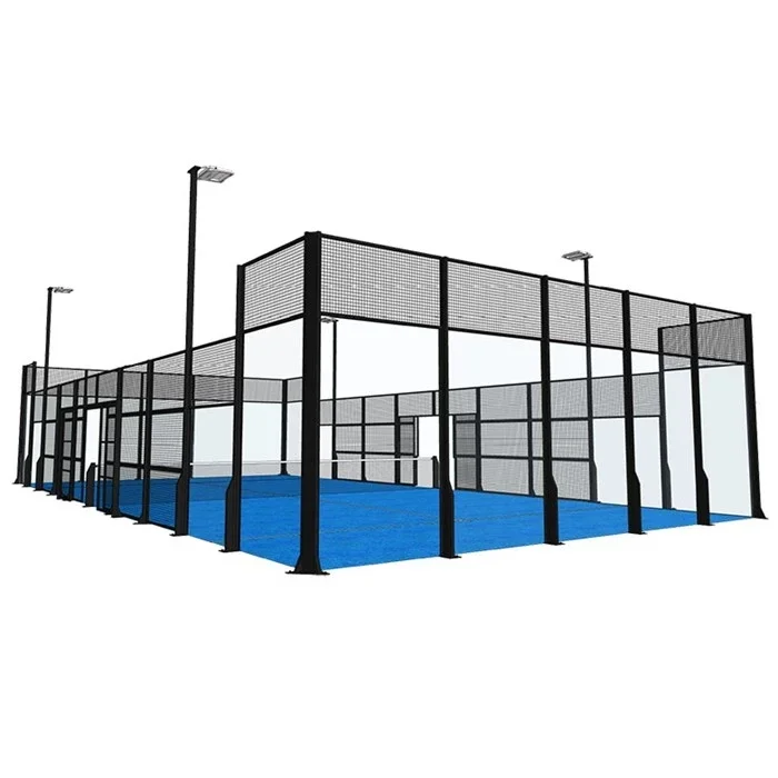 Kannettava Panoramic Padel Court Blue Squash -kenttä, jossa koko sarja tekonurmimattoa ja aidat