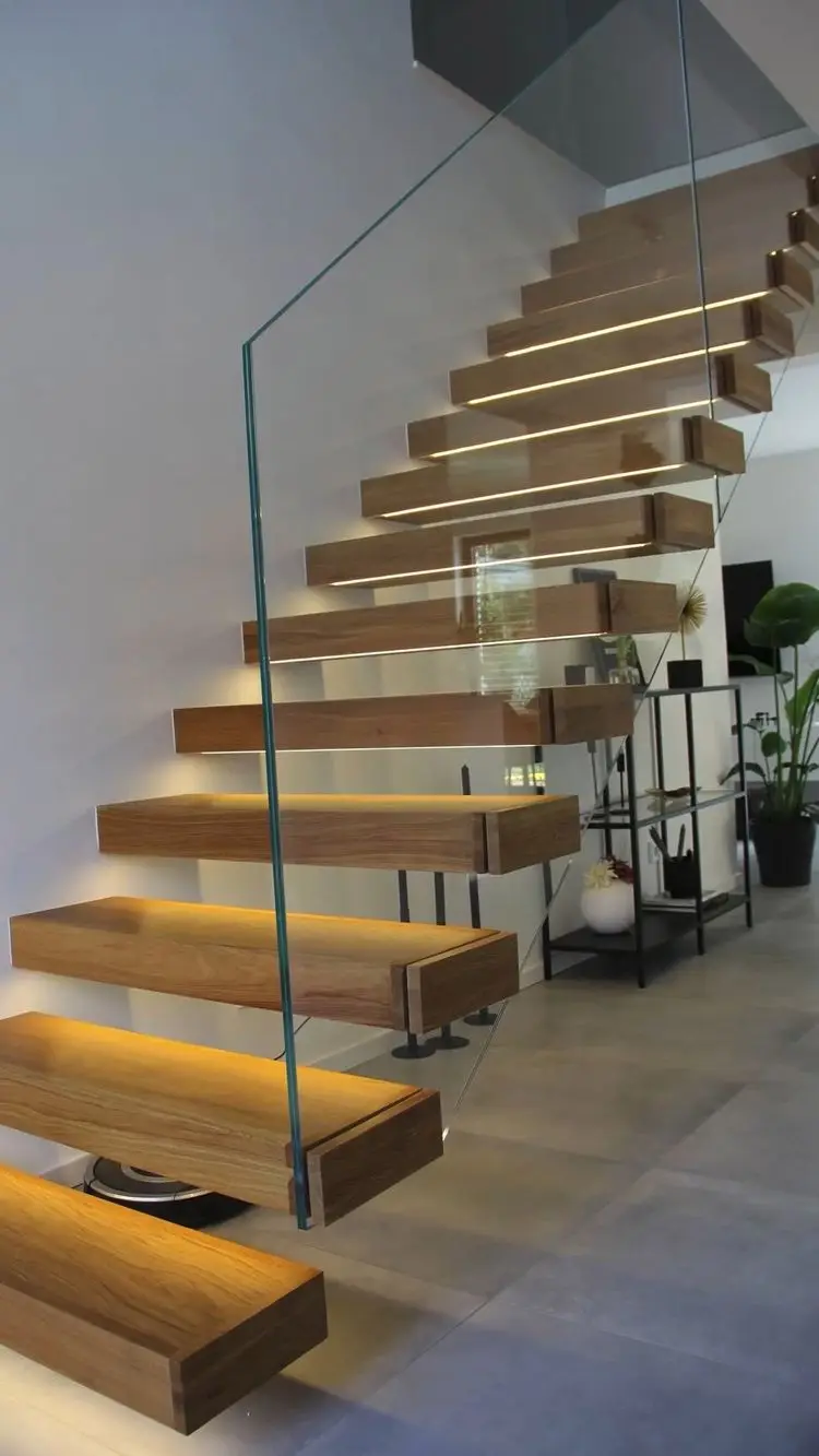 Fancy design floating embedded steel stringer white oak tread with led lights cantilever stairs with railings supplier