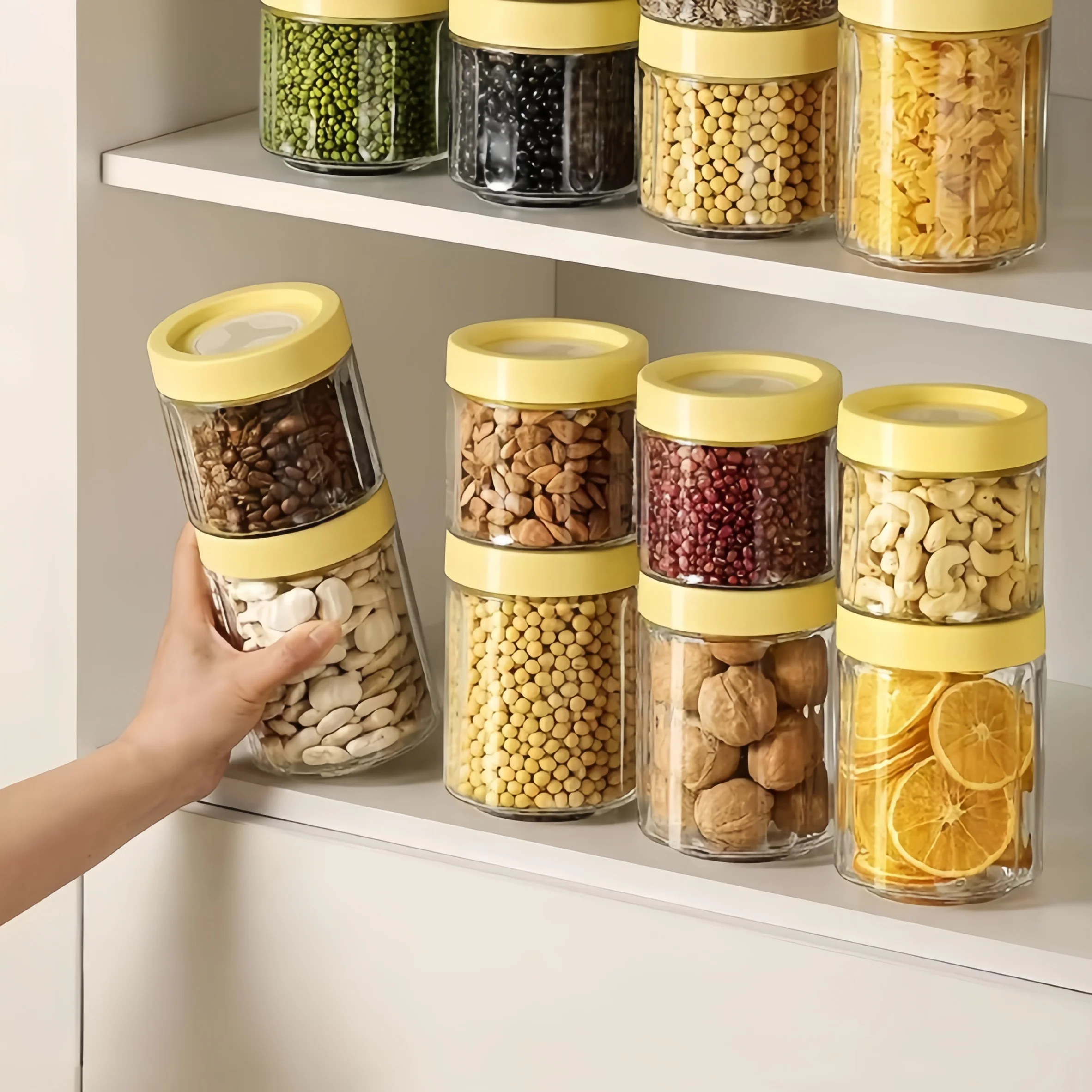 Circular Household Glass Storage Jar Stackable Sealed Bottle Food Container for Kitchen Use Set