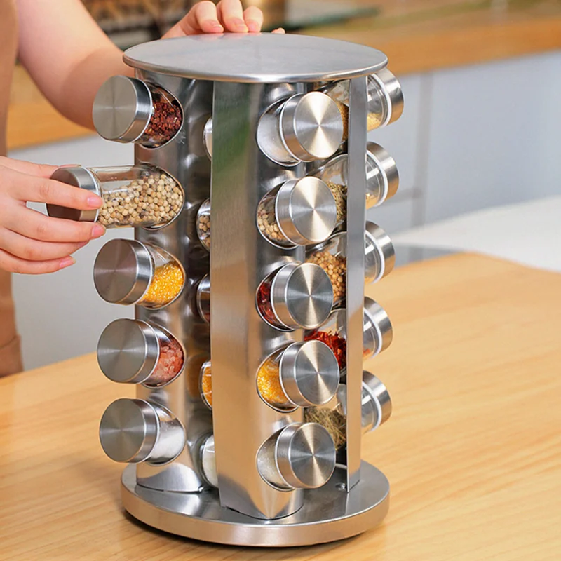 12-Jar Stainless Steel Revolving Countertop Spice Rack Tower Standing Type Metal Kitchen Cabinet Organizer