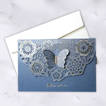 Navy blue laser cut hollowed butterfly flowers gold foil wedding invitation cards