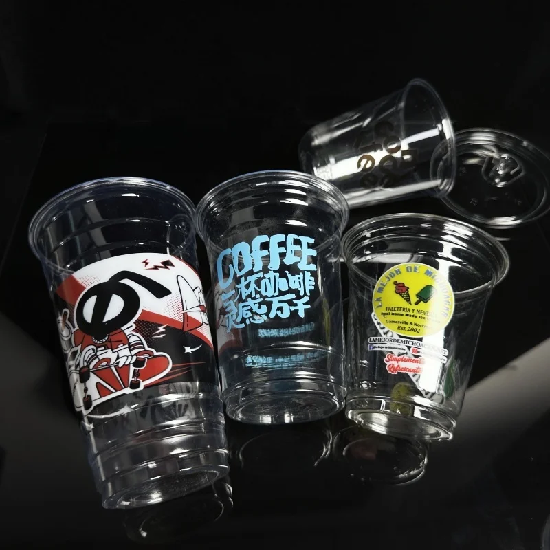 Custom Logo Printed Clear 12 16 20 24oz Pet Transparent Disposable Plastic Cup With Lid to Go Cups With Logo