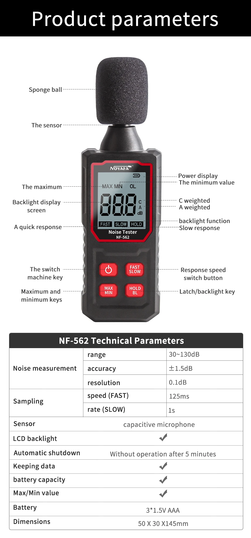 Noyafa Nf562 Digital Sound Level Meter Decibel Tester Condenser