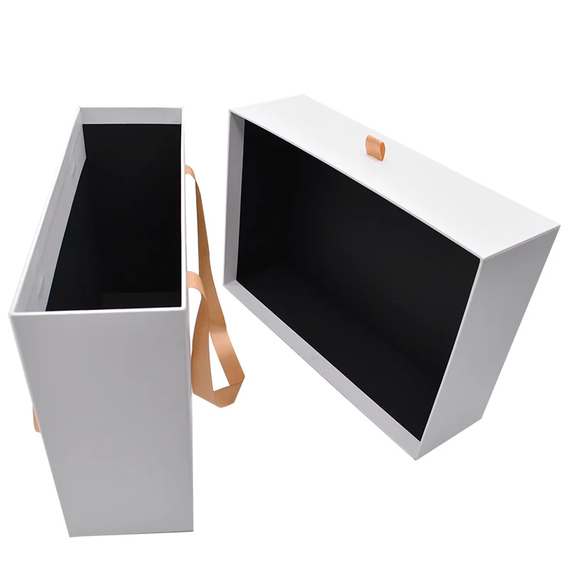 High Quality Large White Cardboard Gift Drawer Box Black Sliding Paper Packaging Embossed Design Ribbon Bag for Packaging Boxes details