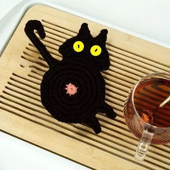 cute knit cup coaster sweet cat kitty coffee mug mat table placemat heat insulation cat butt dining mat home kitchen decoration