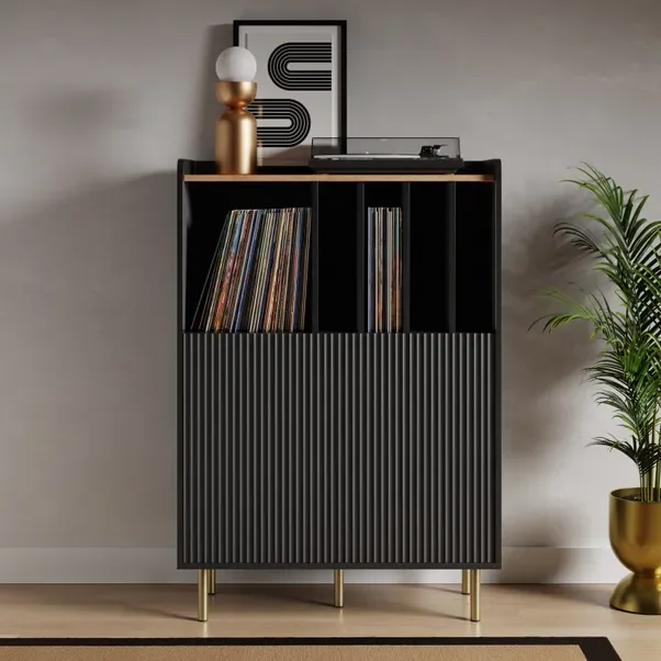 Vinyl Cabinet with Fluted Doors Vinyl Record Storage Cabinet with Metal Legs for Living Room,Bedroom,Office Record Player Stand