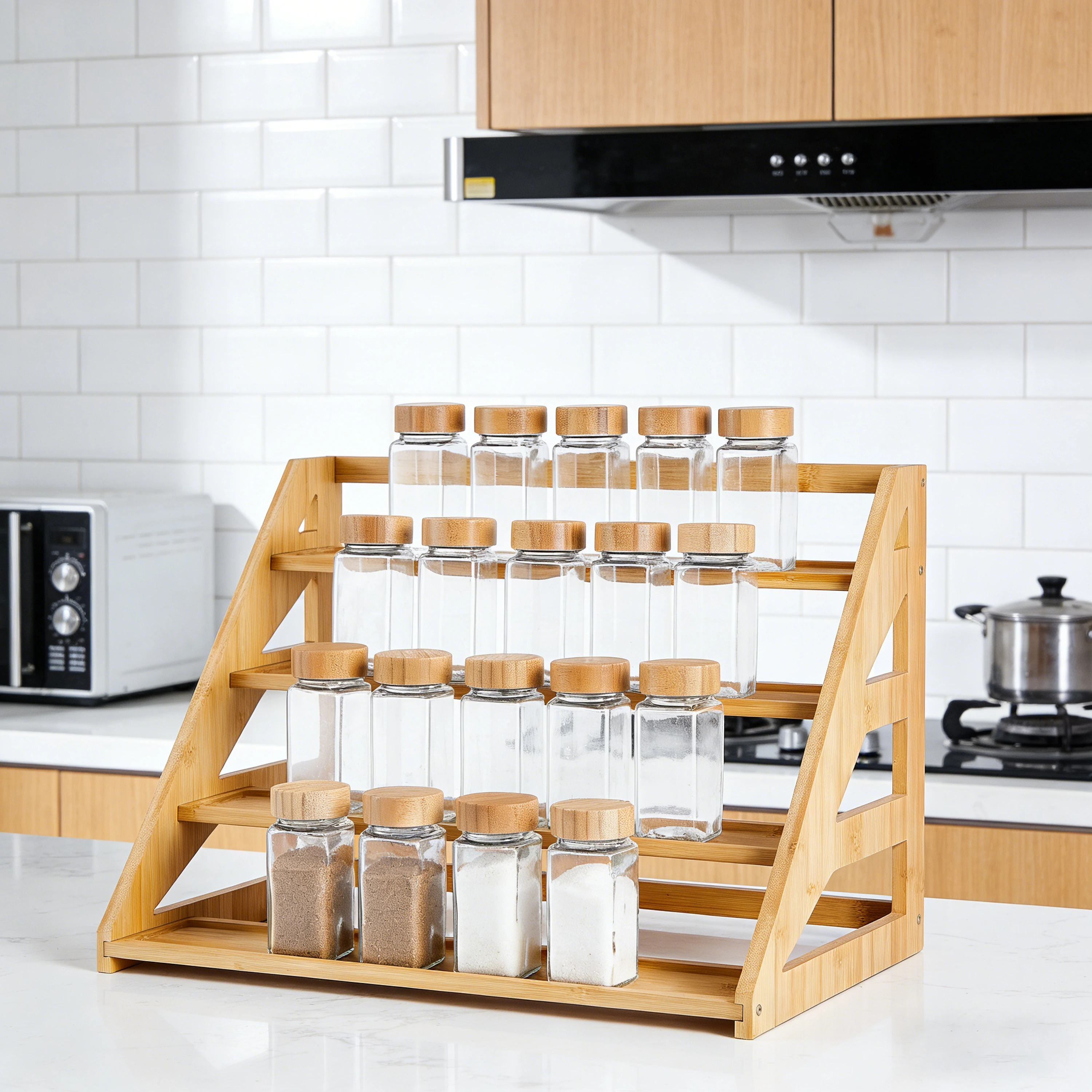 2025 New Arrivals Kitchen Cabinet Organizers Eco-friendly Bamboo Seasonings Organizer 5 Tiers Spice Rack for Countertop Pantry