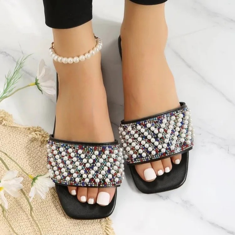 New summer plus-size women's shoes Pearl sequin square flat slippers women
