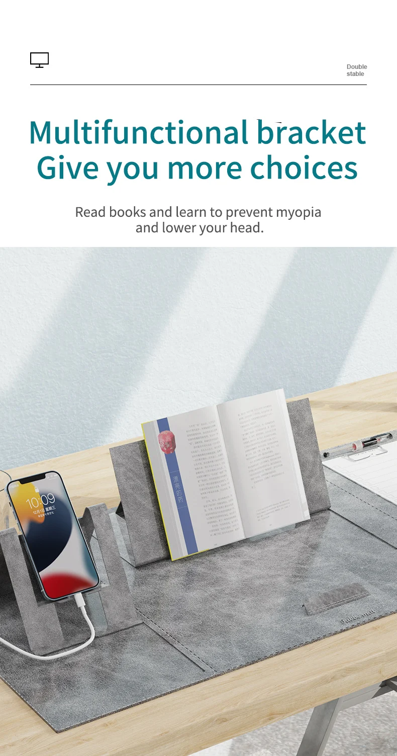 Washable Table Mats with File Folder Stable Adjustable Laptop Phone Holder Stand Bracket Gaming Leather Desk Pad