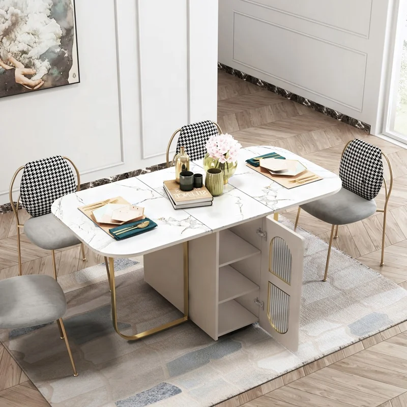 Multifunctional Marbling Style Top Stainless Steel Leg Storage Seater  Dinning Table Modern Folding Dining Table