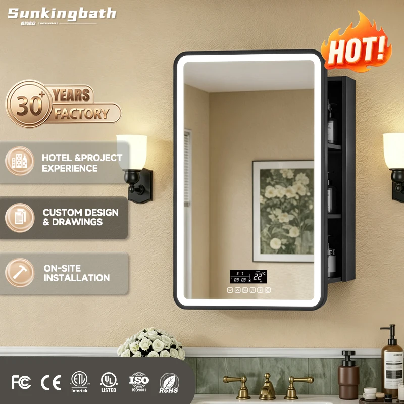 LED Toilet Mirror Cabinet Bluetooth Anti-Fog Stainless Rectangular Wall Mounted Bathroom Medicine Cabinet with Soft Closing