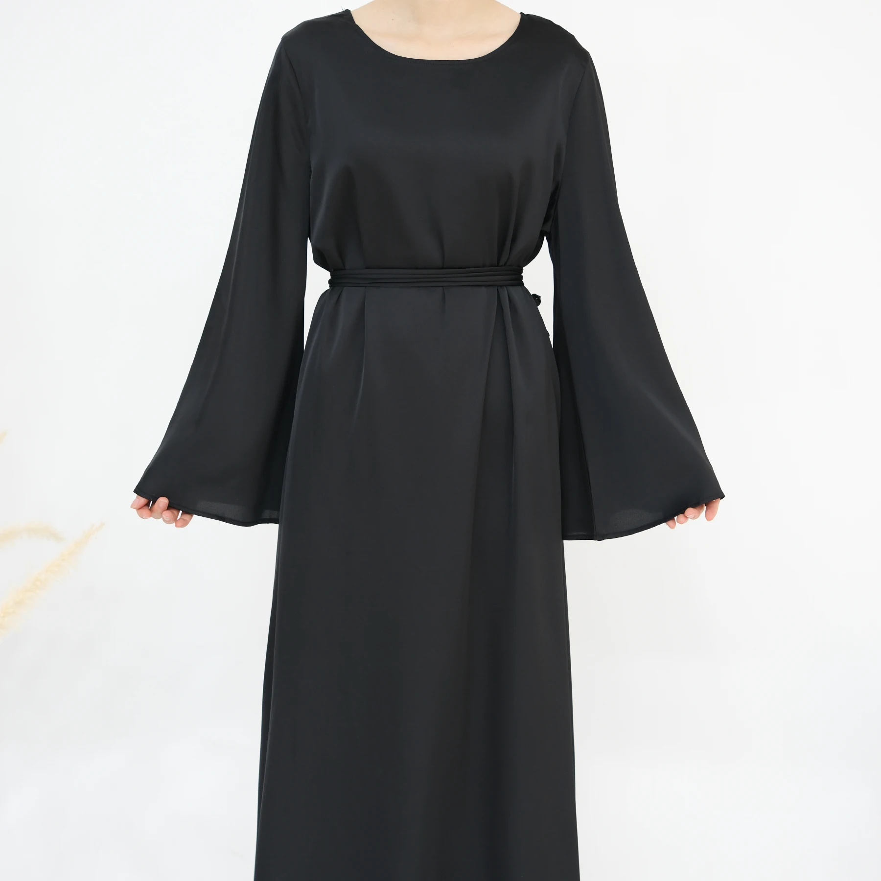 Elegant Summer Muslim Long Dress - Adjustable Back Tie Satin Abaya