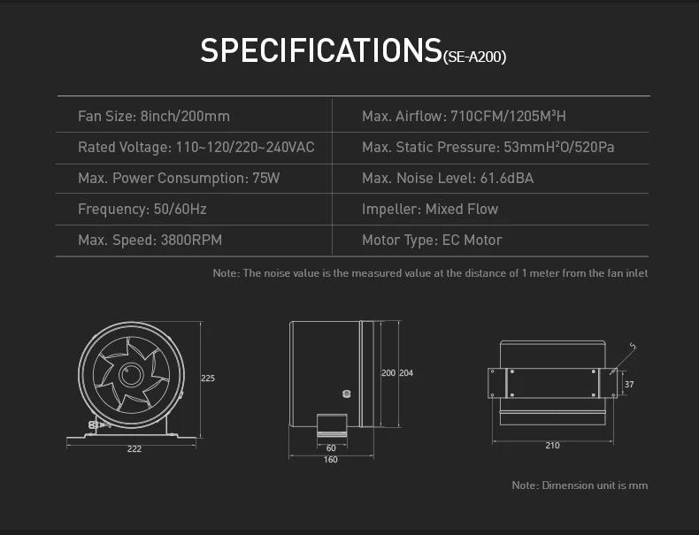 Duct Axial Fan, 110V/220V, 8", 75W, 710CFM - detail 14