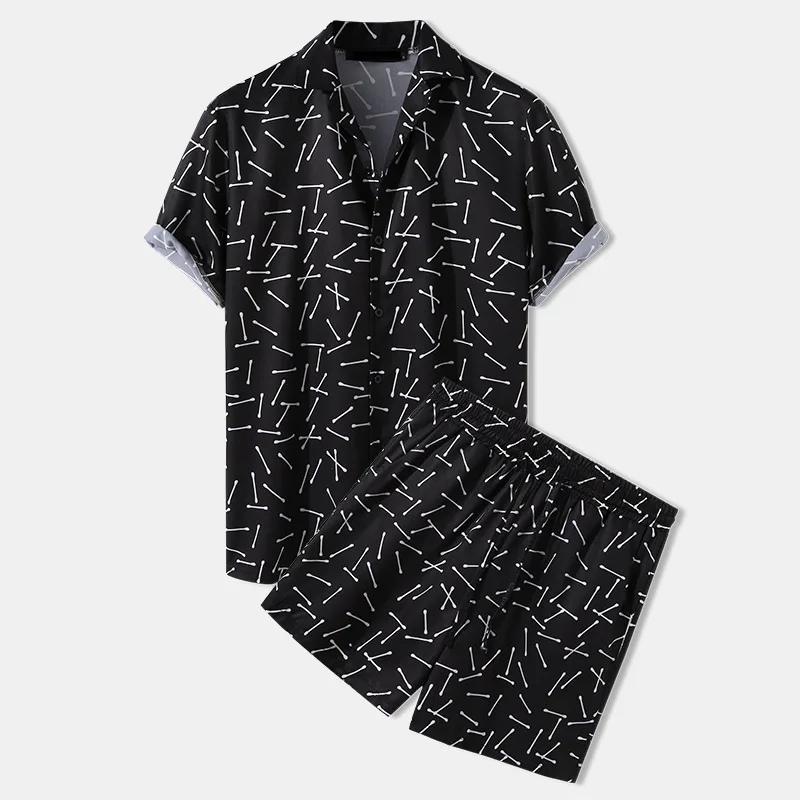 Summer 2024 Hawaiian Beach Style Print Men Fashion Vacation Shirt and Shorts Two Piece Set