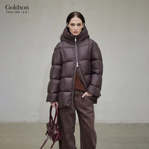 Goldson Women's Dark Brown Loose Fit Down Jacket for Winter High Collar and Hood with Double Zipper Double Zipper Design