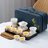 Juego de té de viaje de jade de cordero-mantang de jade dorado-bolso de cuero azul
