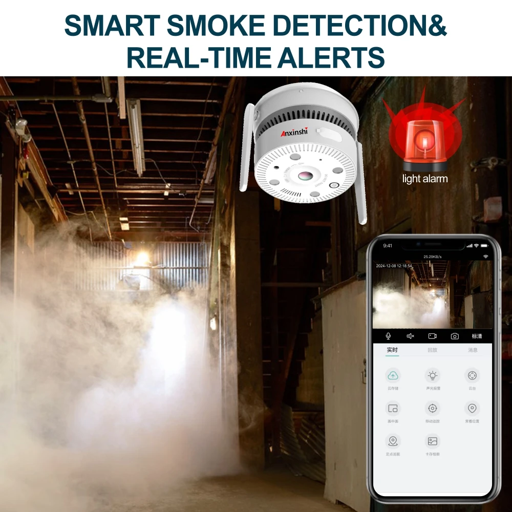 4G/WIFI/POE Smoke Detector Camera Panoramic 180 Degree  with Night Vision for Warehouse  Kitchen Restaurant  Spy Smoking