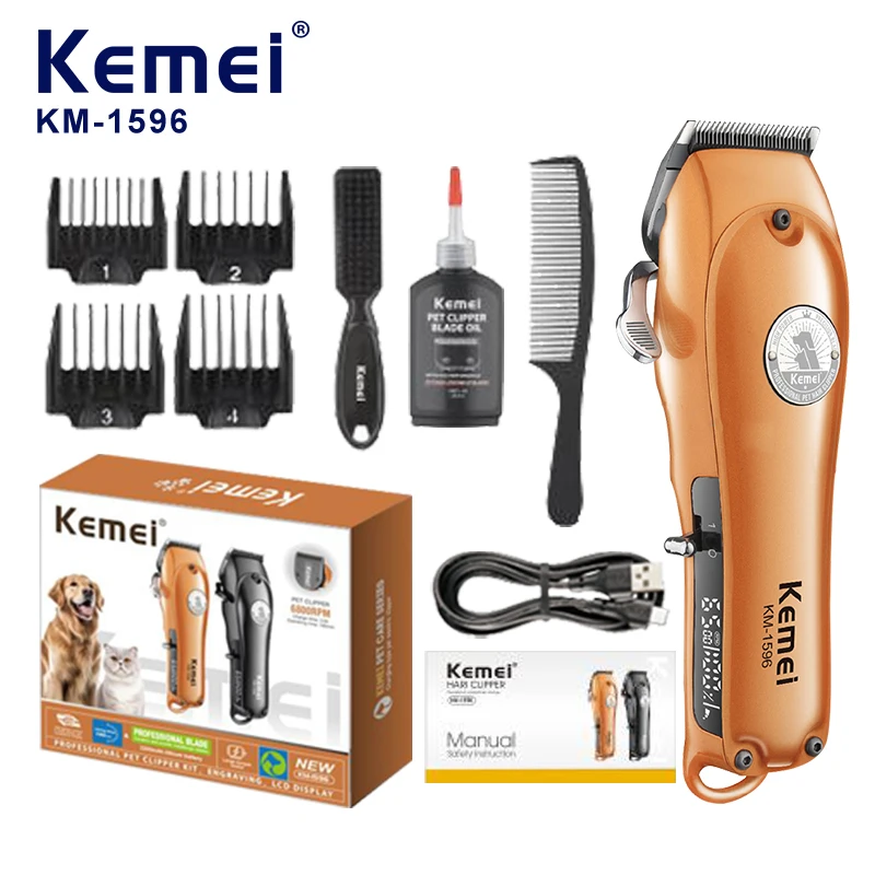 Tondeuse pour animaux de compagnie Kemei KM-1596 réglable, orange et noire, design mignon, batterie longue durée, tondeuse pour chien et chat avec brosse incluse