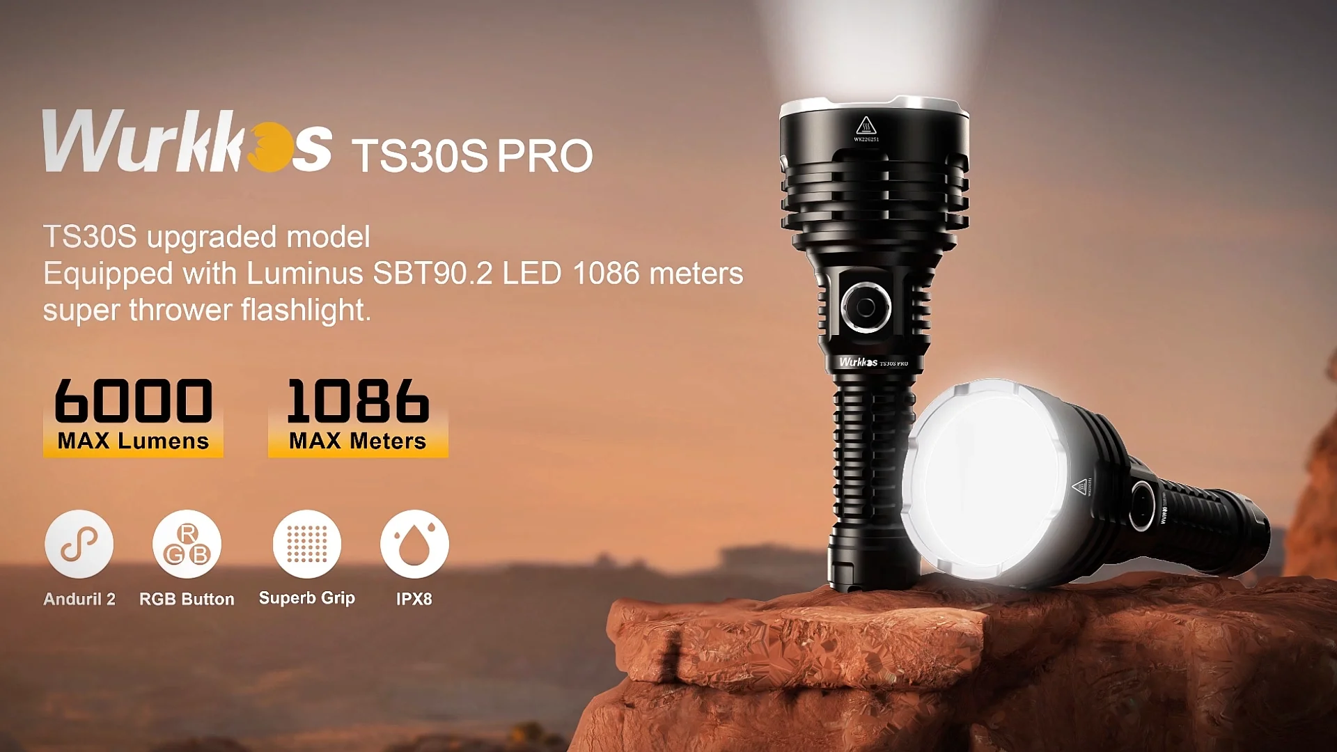 Wurkkos TS30S Pro Rechargeable Tactical Flashlight 6000lm, 1086m