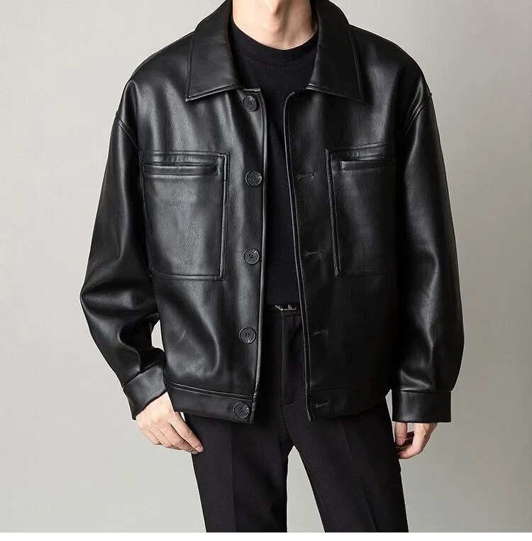 Men's Pu Leather Jacket Vintage Style Loose Fit Spring Autumn_voghion.com