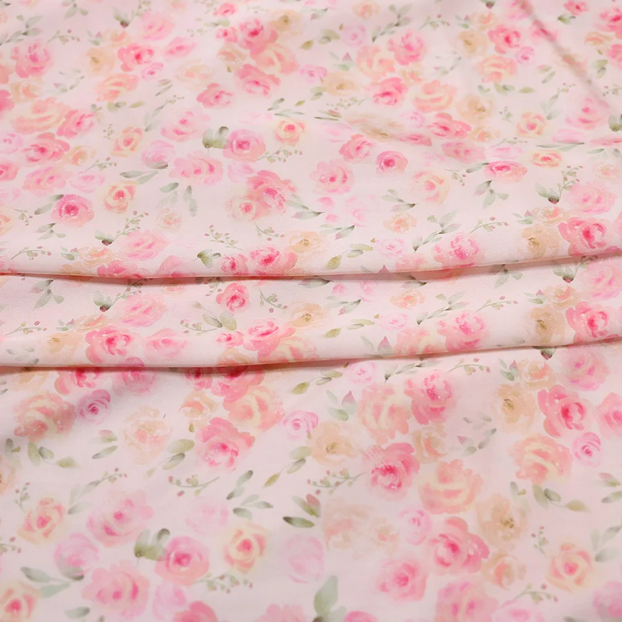 Summer Design Printed Fabric 97%Polyester 3%Spandex Pink Small Crushed Flower Satin Silk Fabric for Dress