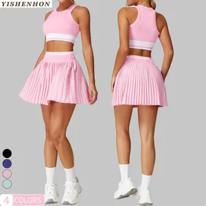 YISHENHON New Trend Low MOQ Outdoor Women's Lightweight Tennis Skirt and Bra Set High Waisted Pleated Skirt Breathable Suits
