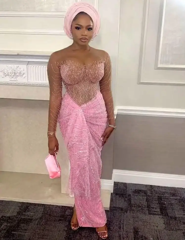 Customized Nigeria Pink Mermaid Bride Dress Luxury Beaded Long Sleeves Evening Dress African Lace Decal Birthday Dress