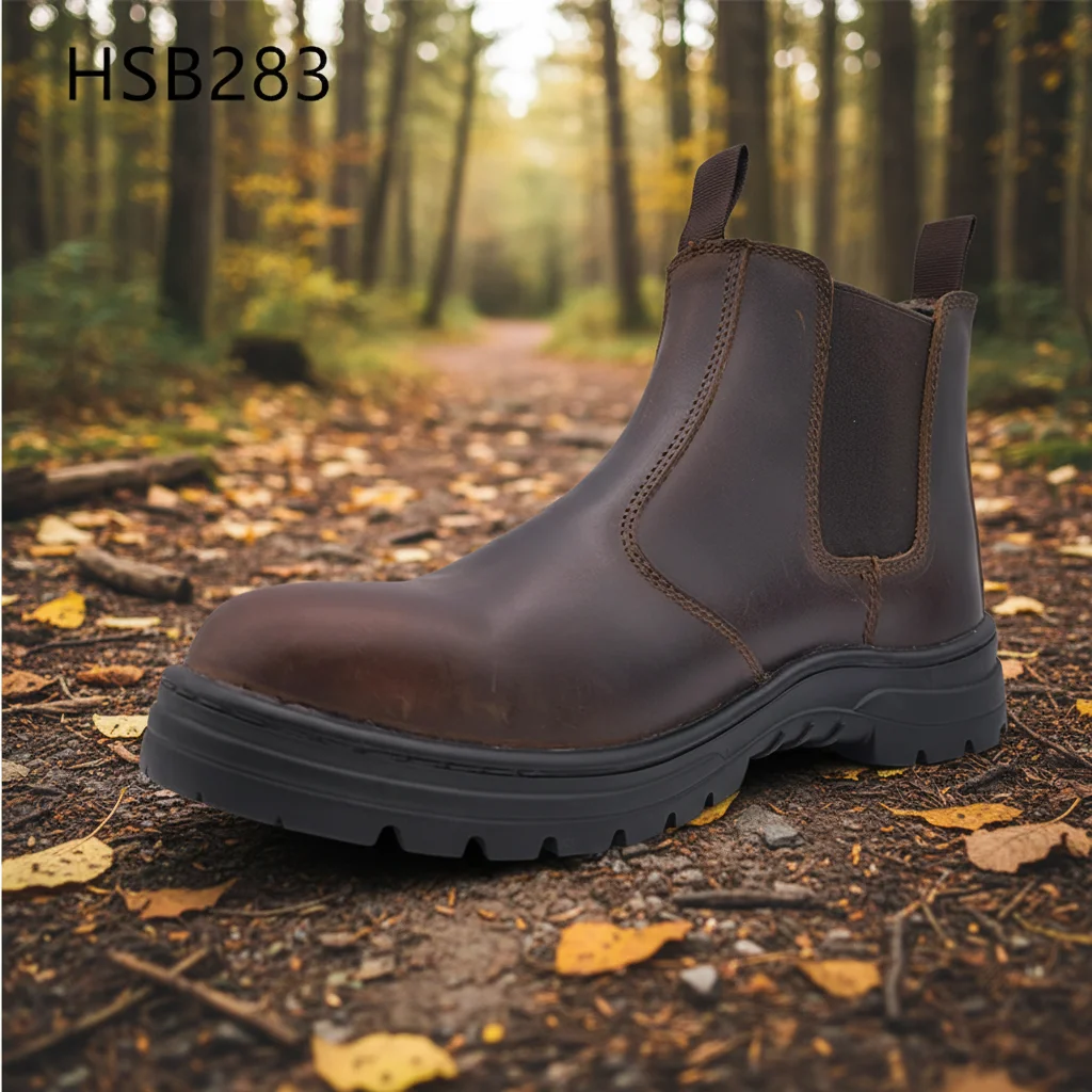 YWX, kültéri munkavégzéshez szolgáló legjobb minőségű crazy horse bőrből készült S3 biztonsági cipők, megerősített varrással, gumitalpból készült, húzásra nyitható biztonsági csizmák, modell: HSB283