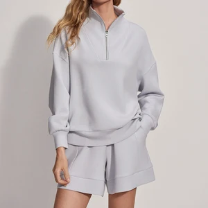 Custom High Quality Cotton Women's Hoodies Half Zip Sweatshirts With Mock Neck for Autumn Winter