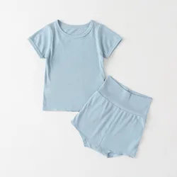 Искусственный шёлковый спандекс ребристая Трикотажная футболка с коротким рукавом и короткие штаны с высокой талией в стиле унисекс для маленьких, детская одежда