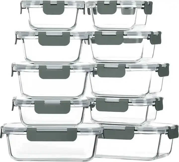 10 Pack Glass Food Storage Container, Airtight Glass Lunch Bento Boxes, Leaking Proof Glass Meal Prep Container with Lids