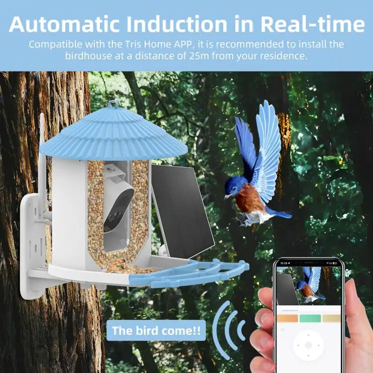 Smart Bird Feeder with Camera + Solar Panel AI Identify Bird Species PIR Motion Detection Two-Way Audio APP Control 2.4G WiFi 4M