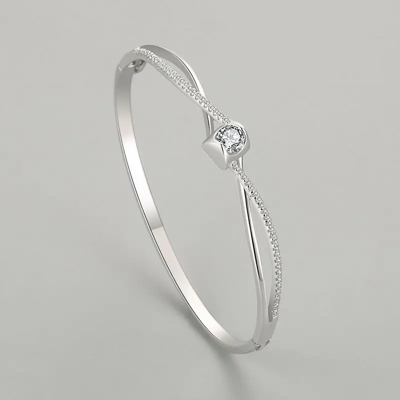 925 Sterling Silver Bangle - Double Layer Cross Heart