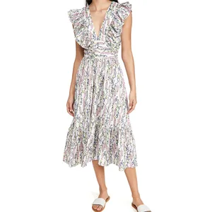 Woman Clothes Summer Ladies Fashion Ruffled Sleeveless Floral Printed Wrap Midi Dress Casual Dresses