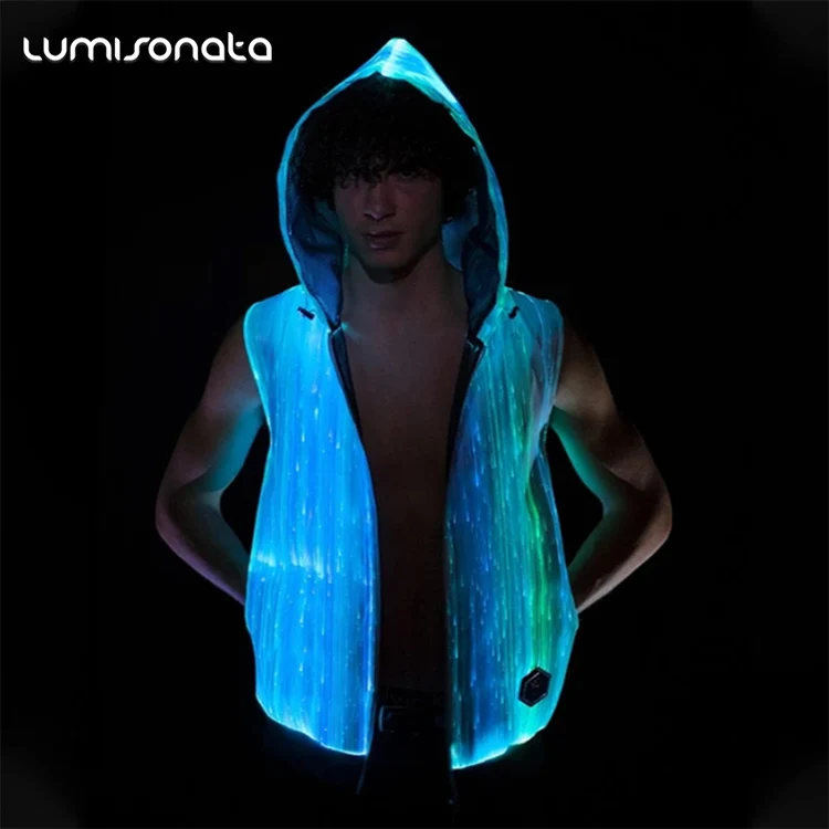LED Light Luminous 7-Color Glowing Jacket for Men Hooded Zipper for Autumn Nightclub Concert Music Festival Performance Clothing