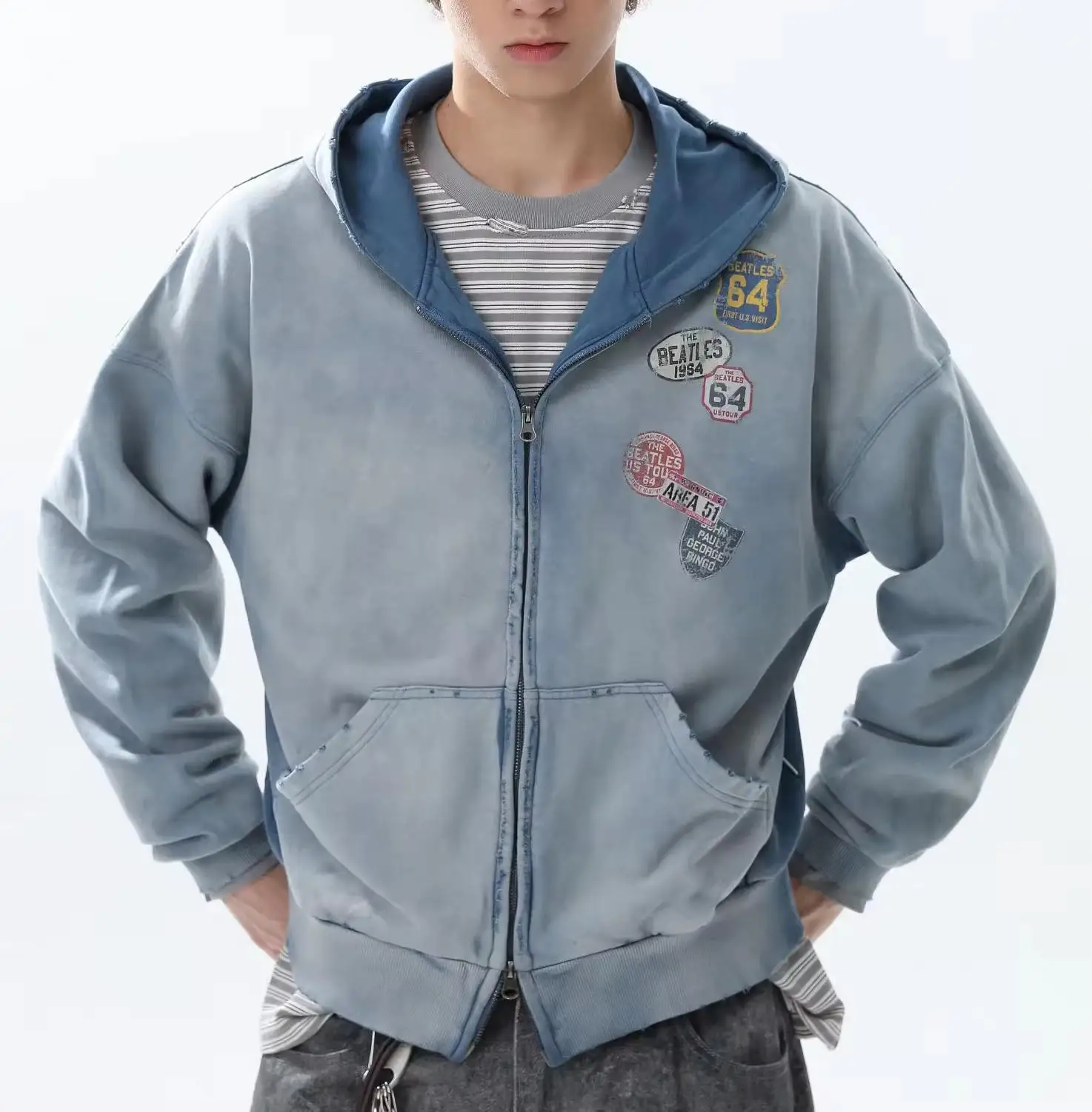OEM Customized Vintage Snow Wash Zipper Hoodie American Trend Retro High Quality Letter Print Casual Loose Fit Zipper Hoodie