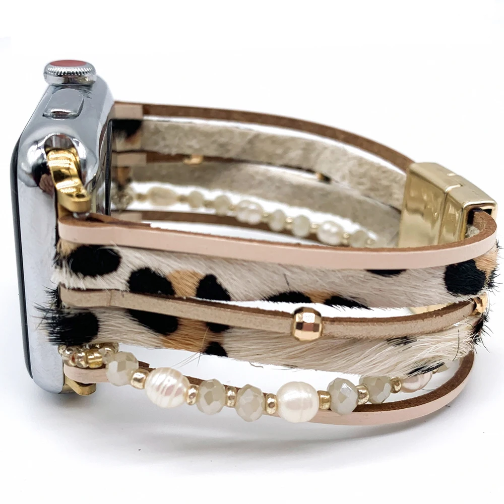 Роскошный женский Многослойный кожаный браслет с магнитной застежкой и бусинами, ремешок для смарт-часов Apple Watch 38 мм 42 мм