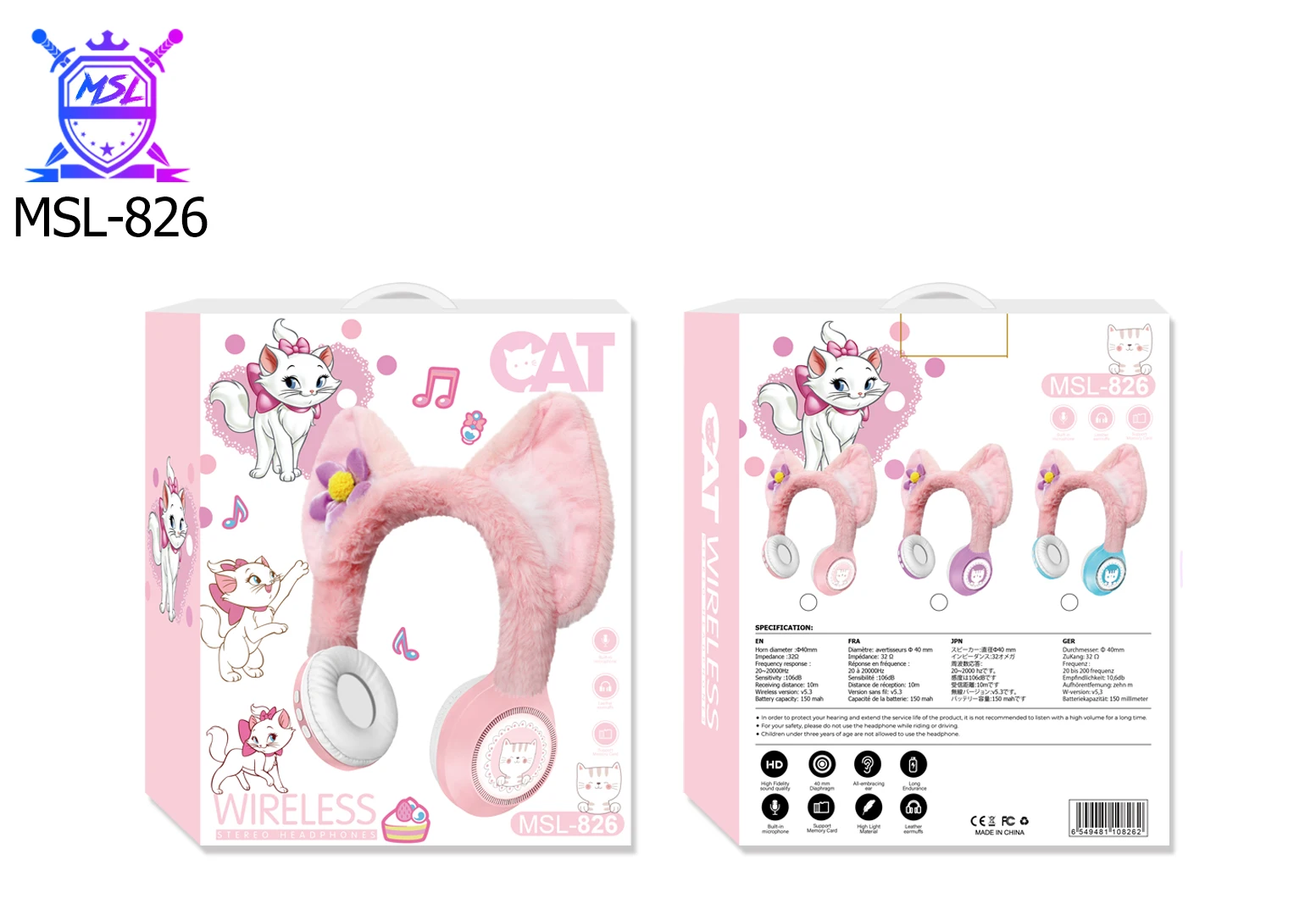Écouteurs sans fil MSL-826 Nouveau casque Headworn Cartoon avec indicateur de batterie LED