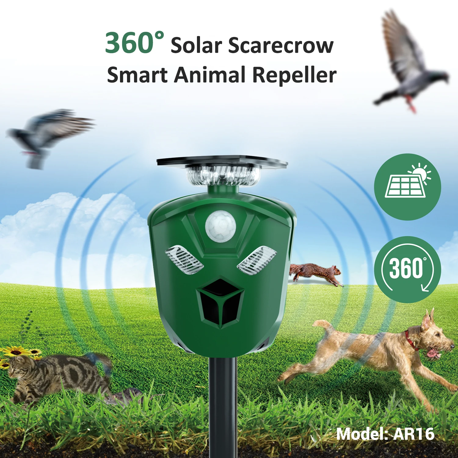 New Tri-face 360 Outdoor Smart Solar Ultrasonic Animal Repeller Deer/Pigeon/Cat/Wild Pig/ Solar Pest Animal Repeller