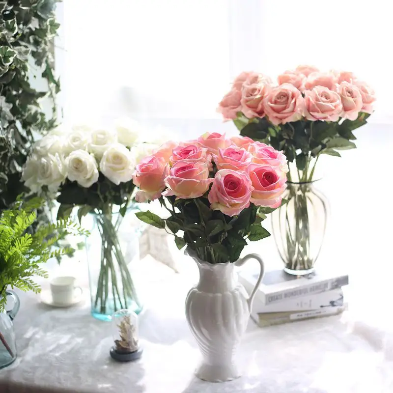 Real Touch Silk White Rose Artificial Velvet Rose Flowers for Wedding Decoration Artificial Flowers