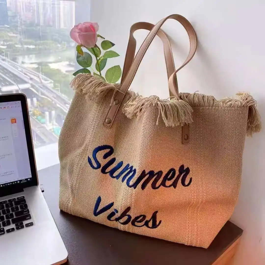 Large Capacity Canvas Bag Embroidered Letter handbag woven beach bag
