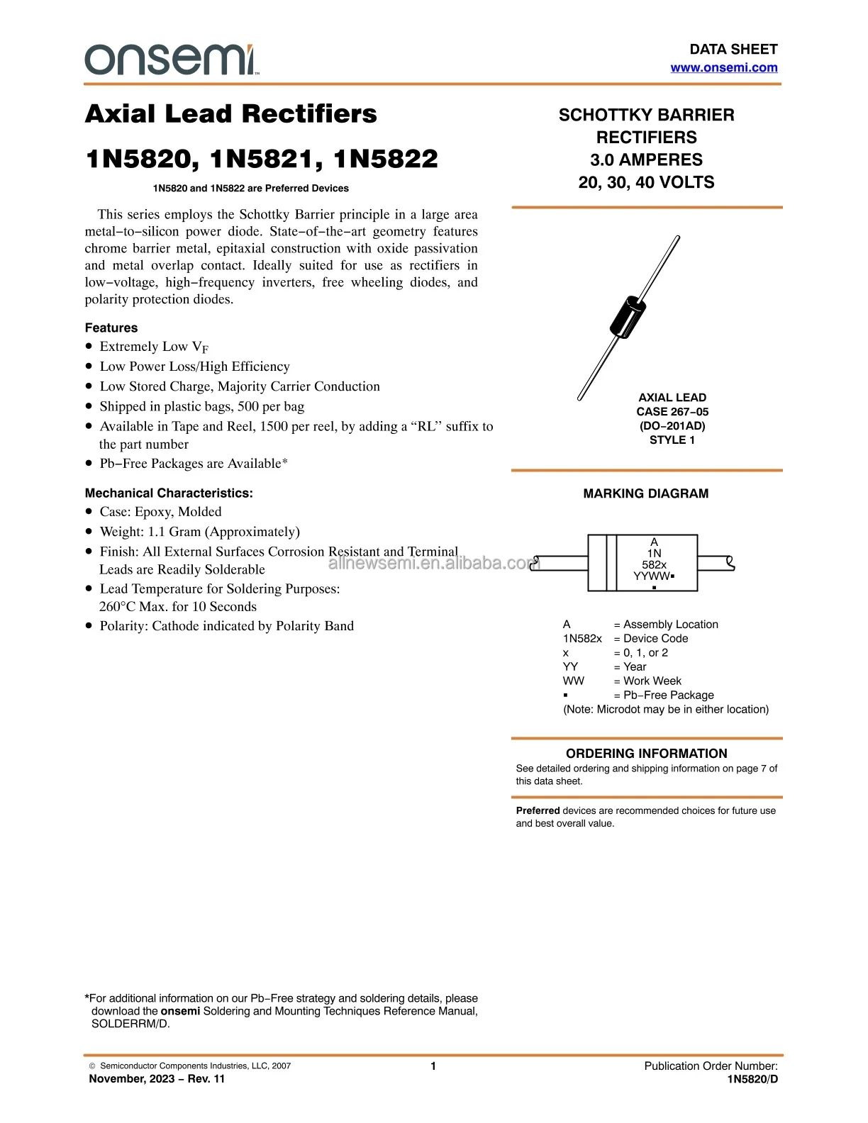 Hot sale Original 1N5822RL DIODE SCHOTTKY 40V 3A DO201AD Diode 40 V 3A Through Hole DO-201AD Rectifiers Single Diodes