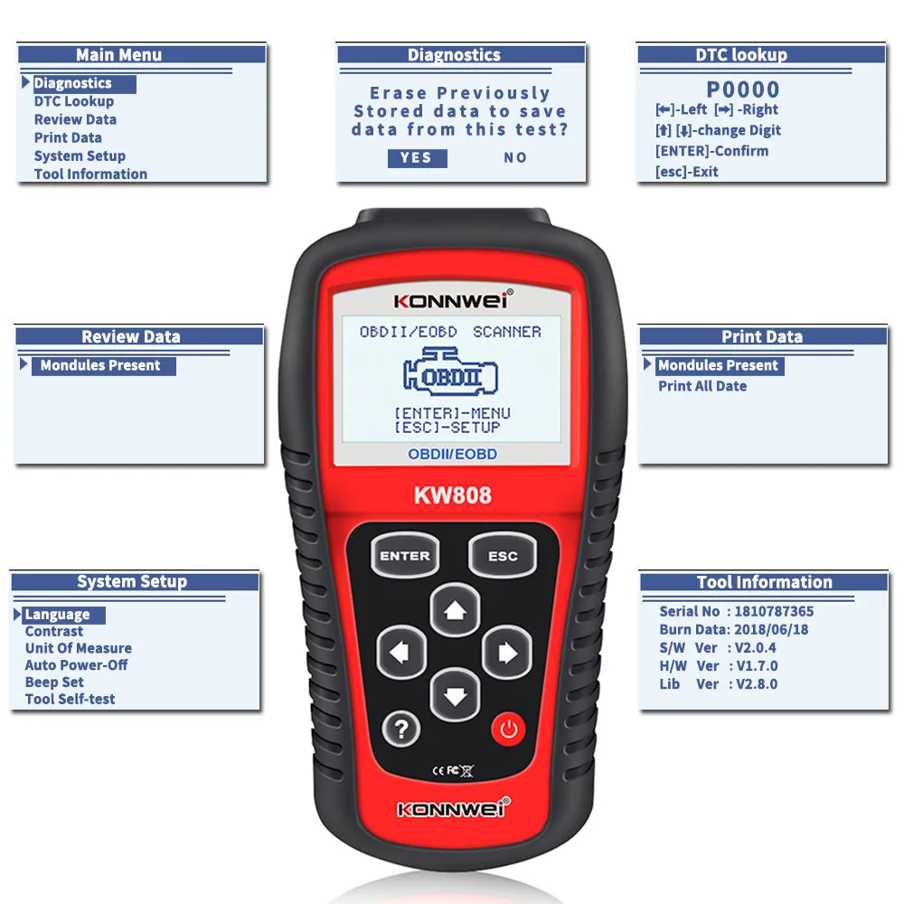 Full Function Handheld KONWEI KW808 OBD2 EOBD Diagnostic Tool Car Engine System Trouble Scanner