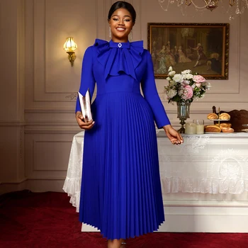 AM050850 Elegant Fall Stand Collar Bowtie Long Sleeve A-line Pleated Blue Midi Plus Size Formal Women's Church Casual Dress