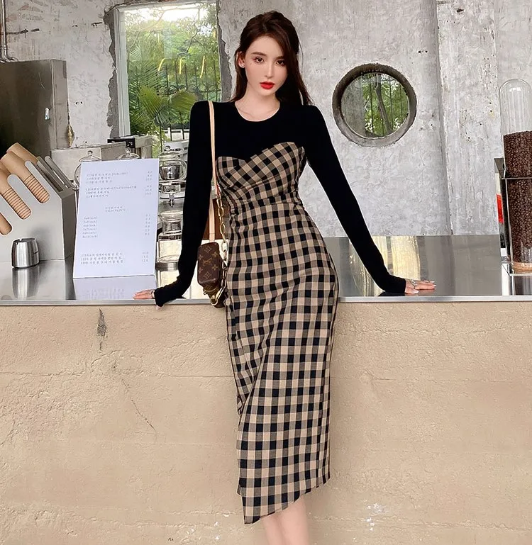 plaid long sleeve maxi dress