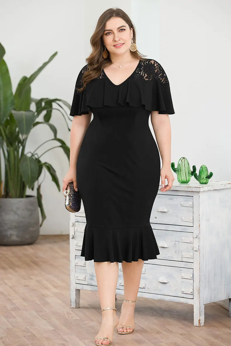 Ready To Ship Fat Women Clothing Summer Office Lady Plus Size Short Sleeve  V neck Black Fitted Bodycon Fishtail Dresses| Alibaba.com