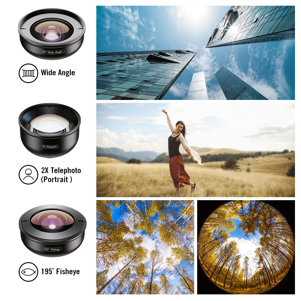APELEX Professional 5 in 1 Mobile Lens Kit Wide Angle Portrait Lens Phone Camera Lens for Smartphone